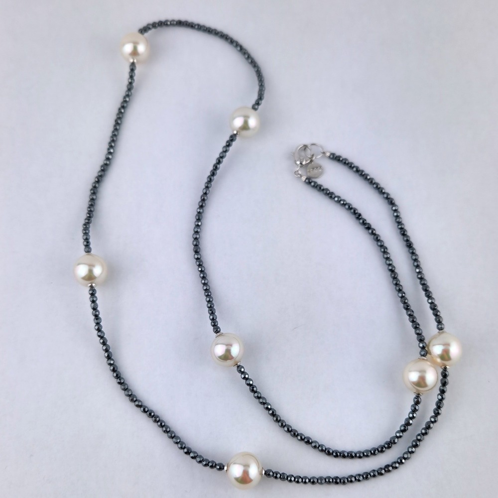 Pearl & Hematite Necklace 925 Sterling Silver Majorica 1890 Spain - Picture 3 of 10